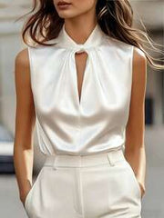 SHEIN Women's Elegant French-Style Off-White Satin Sleeveless Shirt,Hollow-Out Knotted Ruffled Collar Summer Top,Office Commuter Wear,Business Casual Shirt