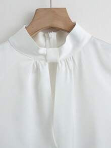 SHEIN Women's Elegant French-Style Off-White Satin Sleeveless Shirt,Hollow-Out Knotted Ruffled Collar Summer Top,Office Commuter Wear,Business Casual Shirt