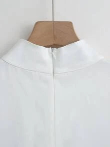 SHEIN Women's Elegant French-Style Off-White Satin Sleeveless Shirt,Hollow-Out Knotted Ruffled Collar Summer Top,Office Commuter Wear,Business Casual Shirt