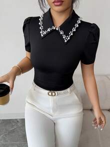 Elenzga Women's Elegant Black Summer Knit Top,Aniusta Office Wear Casual Blouse With Decorative Neckline,Versatile Business Casual Retro Style Gothic Top