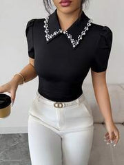 Elenzga Women's Elegant Black Summer Knit Top,Aniusta Office Wear Casual Blouse With Decorative Neckline,Versatile Business Casual Retro Style Gothic Top