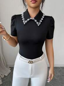 Elenzga Women's Elegant Black Summer Knit Top,Aniusta Office Wear Casual Blouse With Decorative Neckline,Versatile Business Casual Retro Style Gothic Top