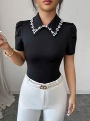 Elenzga Women's Elegant Black Summer Knit Top,Aniusta Office Wear Casual Blouse With Decorative Neckline,Versatile Business Casual Retro Style Gothic Top