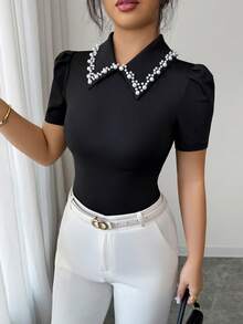 Elenzga Women's Elegant Black Summer Knit Top,Aniusta Office Wear Casual Blouse With Decorative Neckline,Versatile Business Casual Retro Style Gothic Top