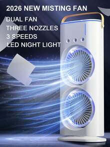 1pc Portable Dual Fan Mist Air Conditioner, 3 Wind Speeds, 3 Nozzles, With Colorful Night Light, Mist Cooling Fan