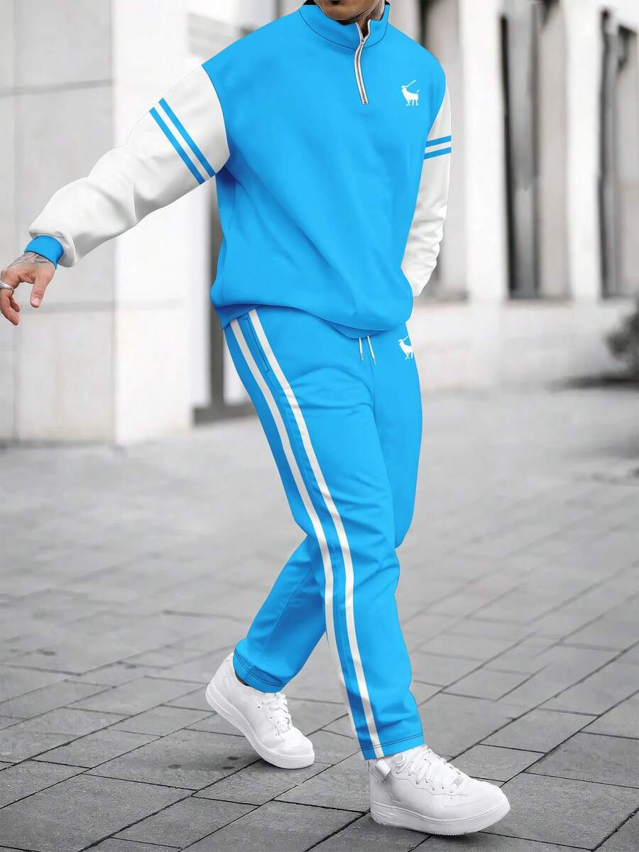 Muški set dukserica i pantalone sa colorblock printom, tanki za proleće/jesen