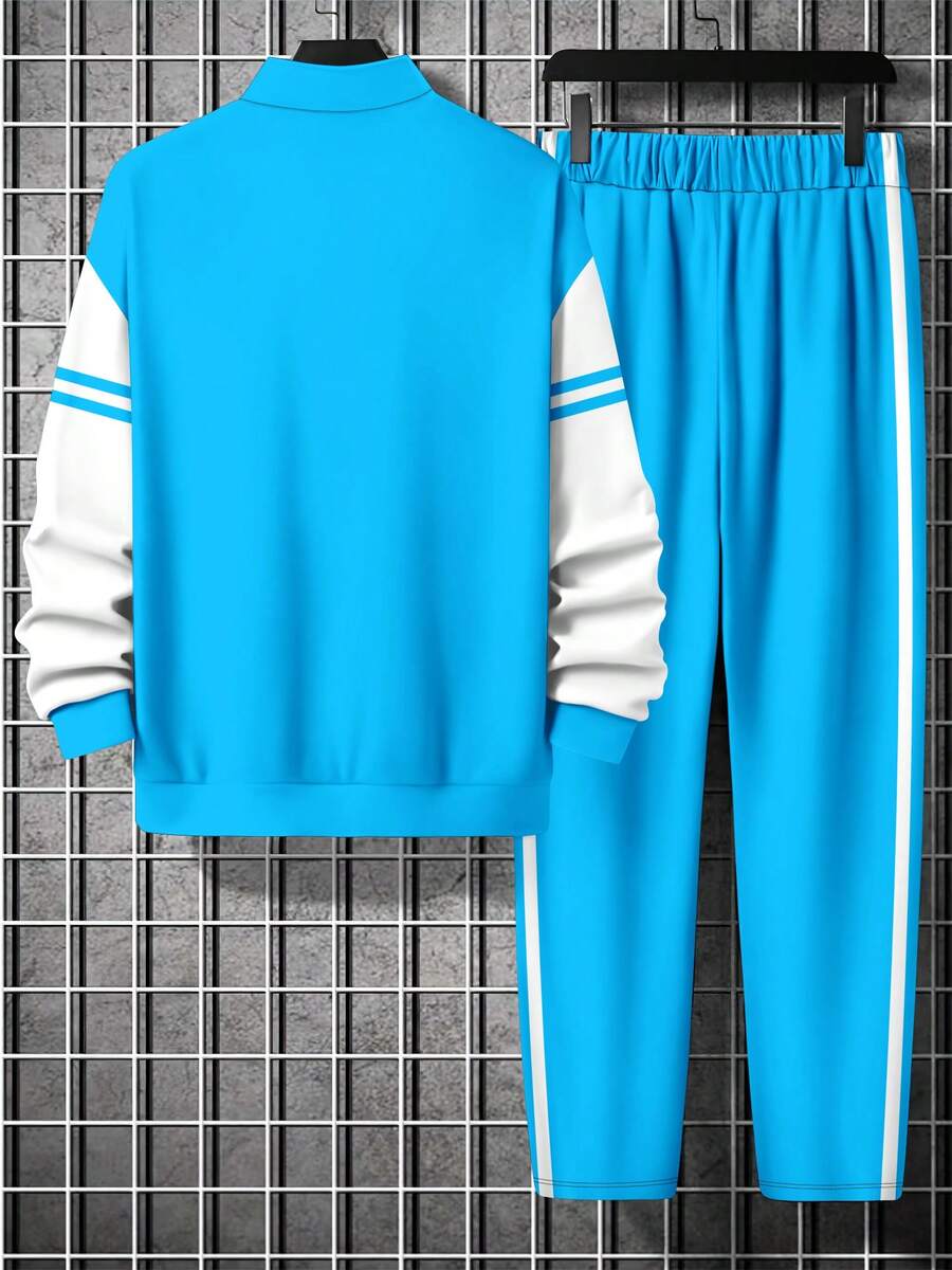 Muški set dukserica i pantalone sa colorblock printom, tanki za proleće/jesen