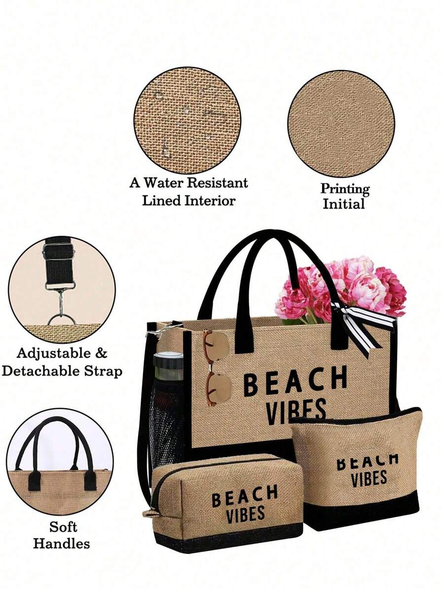 Crno-bež "Beach Please" set od 4 komada sa plažnom torbom