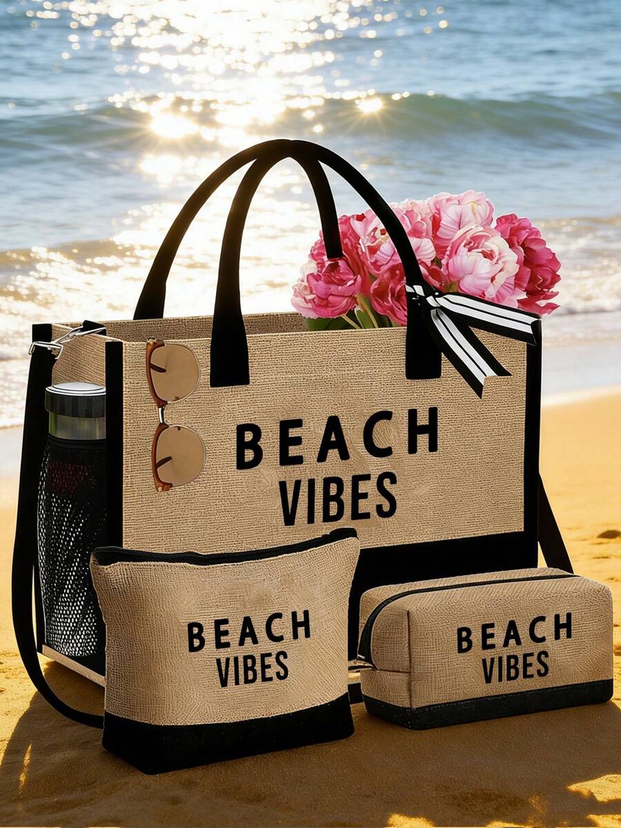 Crno-bež "Beach Please" set od 4 komada sa plažnom torbom