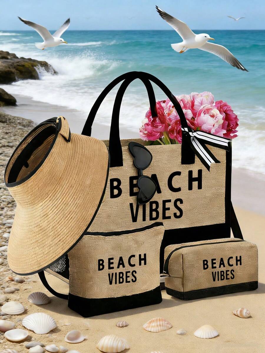 Crno-bež "Beach Please" set od 4 komada sa plažnom torbom