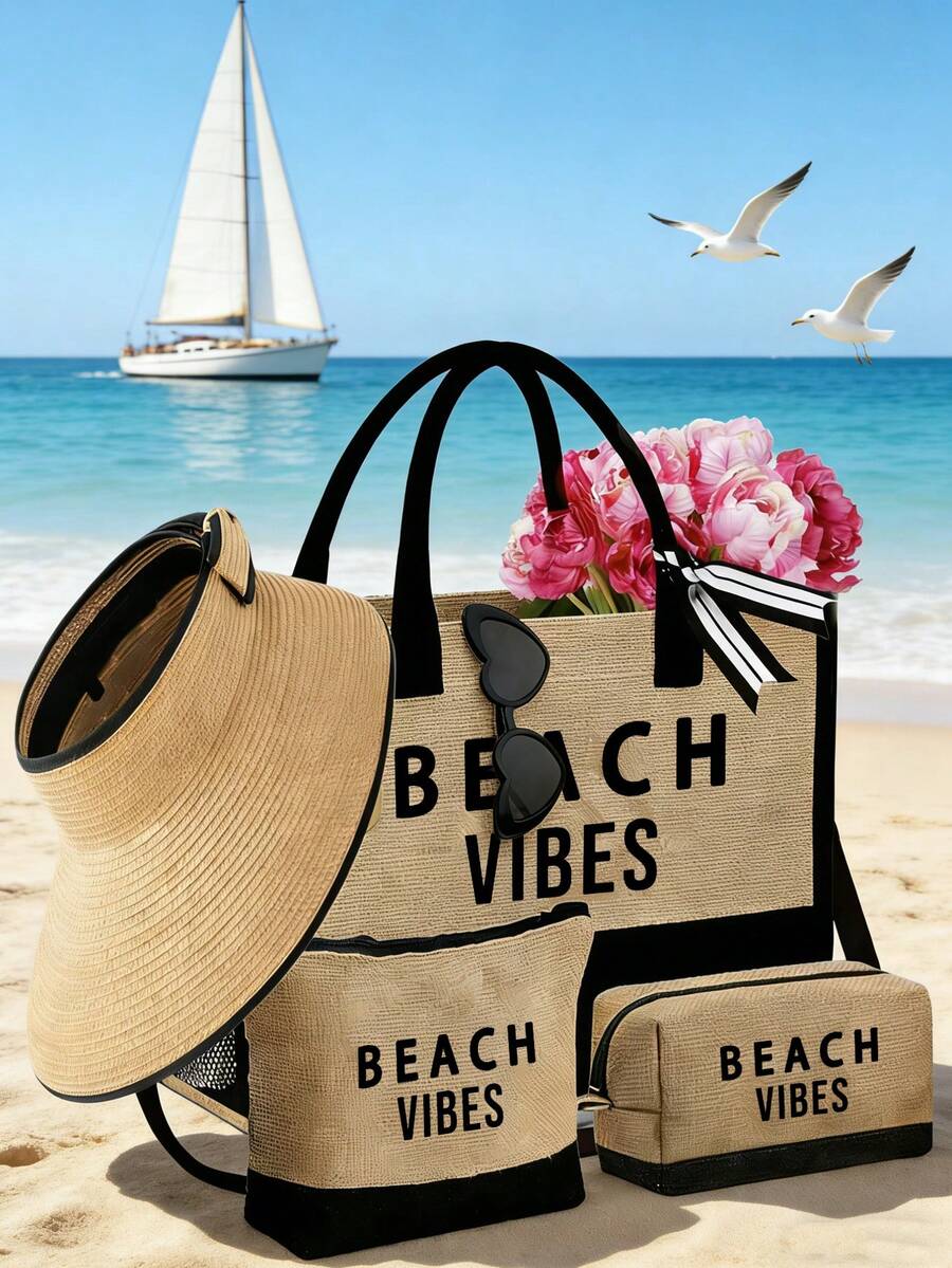 Crno-bež "Beach Please" set od 4 komada sa plažnom torbom