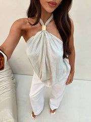 Aloruh Women's Sexy Solid Color Backless Halter Top, Spring Women, Going Out Top For Women, Sexy Top Women,Old Money Style Top,Summer Top