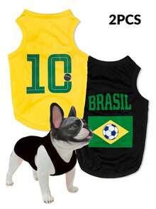 LUCKIE PAW 2pcs/Set World Cup Brazil Team Jersey Graphic Print Pet Vest, Physical Flea Repellent, Reduce Shedding, Breathable For Small/Large Dogs & Cats, Indoor/Outdoor