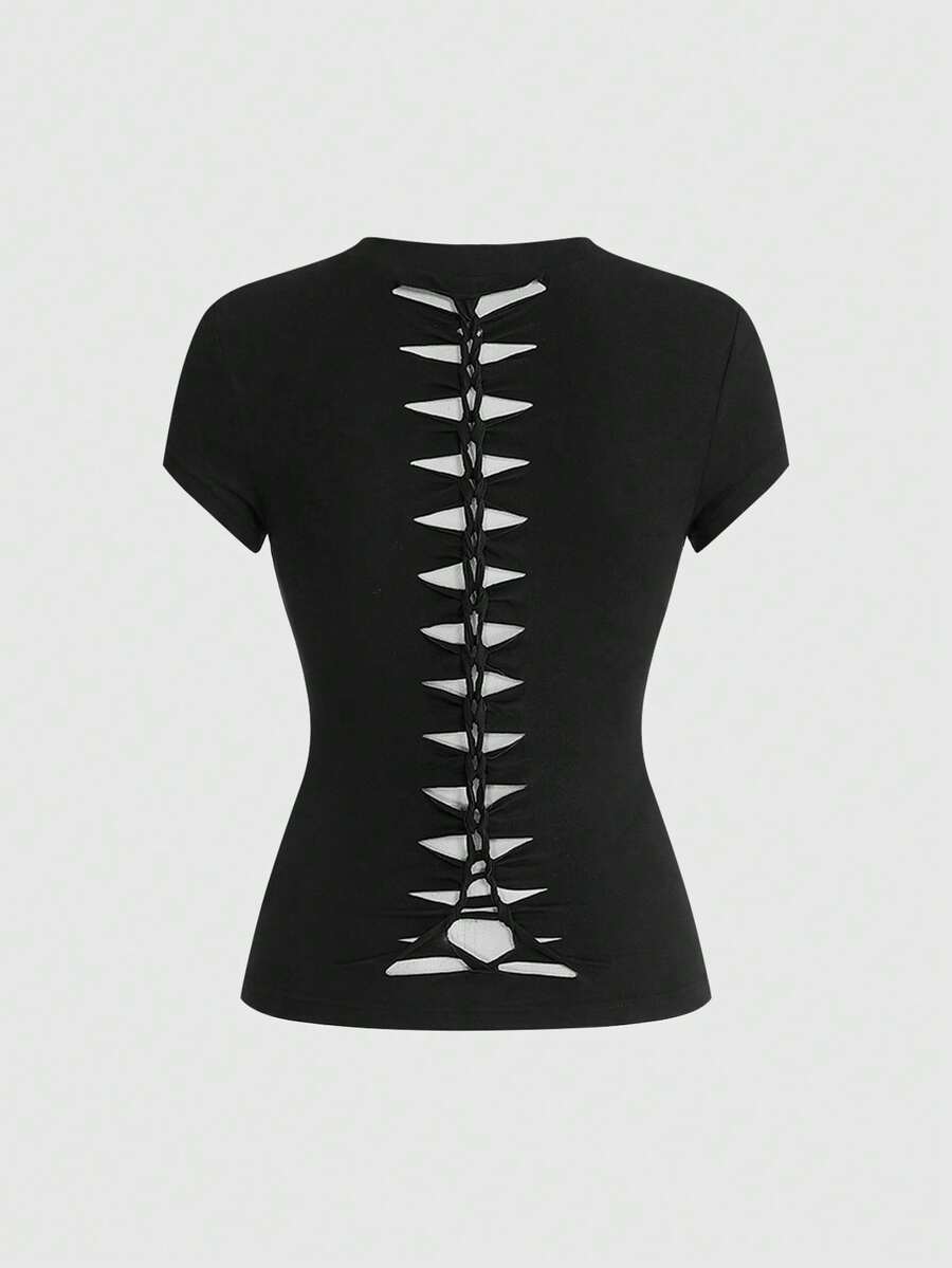 ROMWE Spring/Summer Women's Y2K Babe Waist Cinching Backless Hollow Design Sexy Solid Color Minimalist Women's Crew Neck Short Sleeve T-Shirt