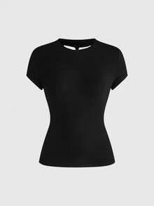 ROMWE Spring/Summer Women's Y2K Babe Waist Cinching Backless Hollow Design Sexy Solid Color Minimalist Women's Crew Neck Short Sleeve T-Shirt