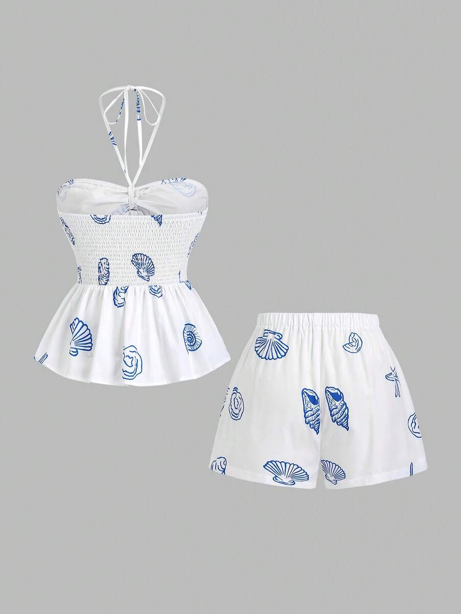Ženski Plavo-  Beli Printani Halter Top sa Metalnom Kopčom i Udoban  Casual Šorts