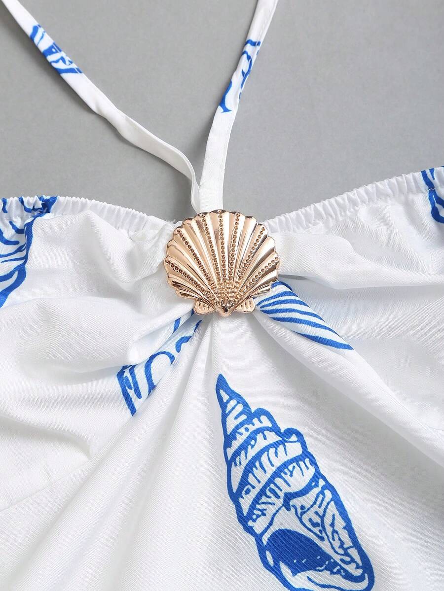 Ženski Plavo-  Beli Printani Halter Top sa Metalnom Kopčom i Udoban  Casual Šorts