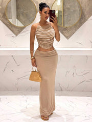 Ženski Set  - Halter Dekolte Ruffles Top & Maxi Suknja