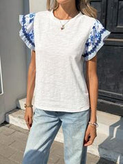 SHEIN Holidaya Women's Elegant White And Blue Floral Ruffle Sleeve T-Shirt,Summer Cotton Boho Top,Cute Flower Short Sleeve Blouses For Tea Party Spring Clothes