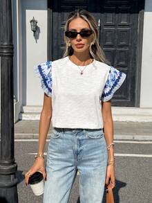 SHEIN Holidaya Women's Elegant White And Blue Floral Ruffle Sleeve T-Shirt,Summer Cotton Boho Top,Cute Flower Short Sleeve Blouses For Tea Party Spring Clothes
