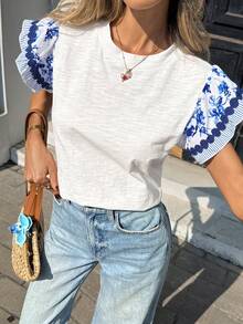 SHEIN Holidaya Women's Elegant White And Blue Floral Ruffle Sleeve T-Shirt,Summer Cotton Boho Top,Cute Flower Short Sleeve Blouses For Tea Party Spring Clothes