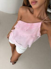 Aloruh Women's Blush Pink Summer Cute Birthday Party Chiffon One-Shoulder Backless Layered Ruffle Blouse,Elegant Wedding Date Night Pink Top