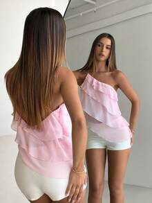 Aloruh Women's Blush Pink Summer Cute Birthday Party Chiffon One-Shoulder Backless Layered Ruffle Blouse,Elegant Wedding Date Night Pink Top