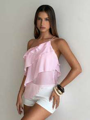 Aloruh Women's Blush Pink Summer Cute Birthday Party Chiffon One-Shoulder Backless Layered Ruffle Blouse,Elegant Wedding Date Night Pink Top