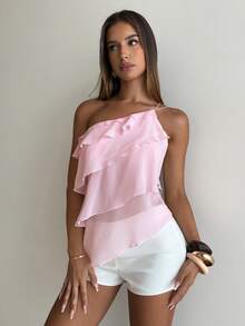 Aloruh Women's Blush Pink Summer Cute Birthday Party Chiffon One-Shoulder Backless Layered Ruffle Blouse,Elegant Wedding Date Night Pink Top