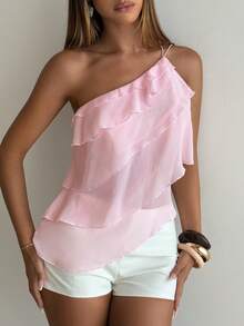 Aloruh Women's Blush Pink Summer Cute Birthday Party Chiffon One-Shoulder Backless Layered Ruffle Blouse,Elegant Wedding Date Night Pink Top