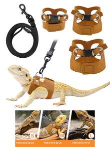 3pcs Adjustable Soft Leather Animal Harness & Leash Set, Suitable For Lizards, Squirrels, Mice And Other Reptiles, Easy On/Off Design, Soft Leather Reptile Outdoor Training Vest With Leash, Essential For Lizard Training And Walking To Prevent Escape