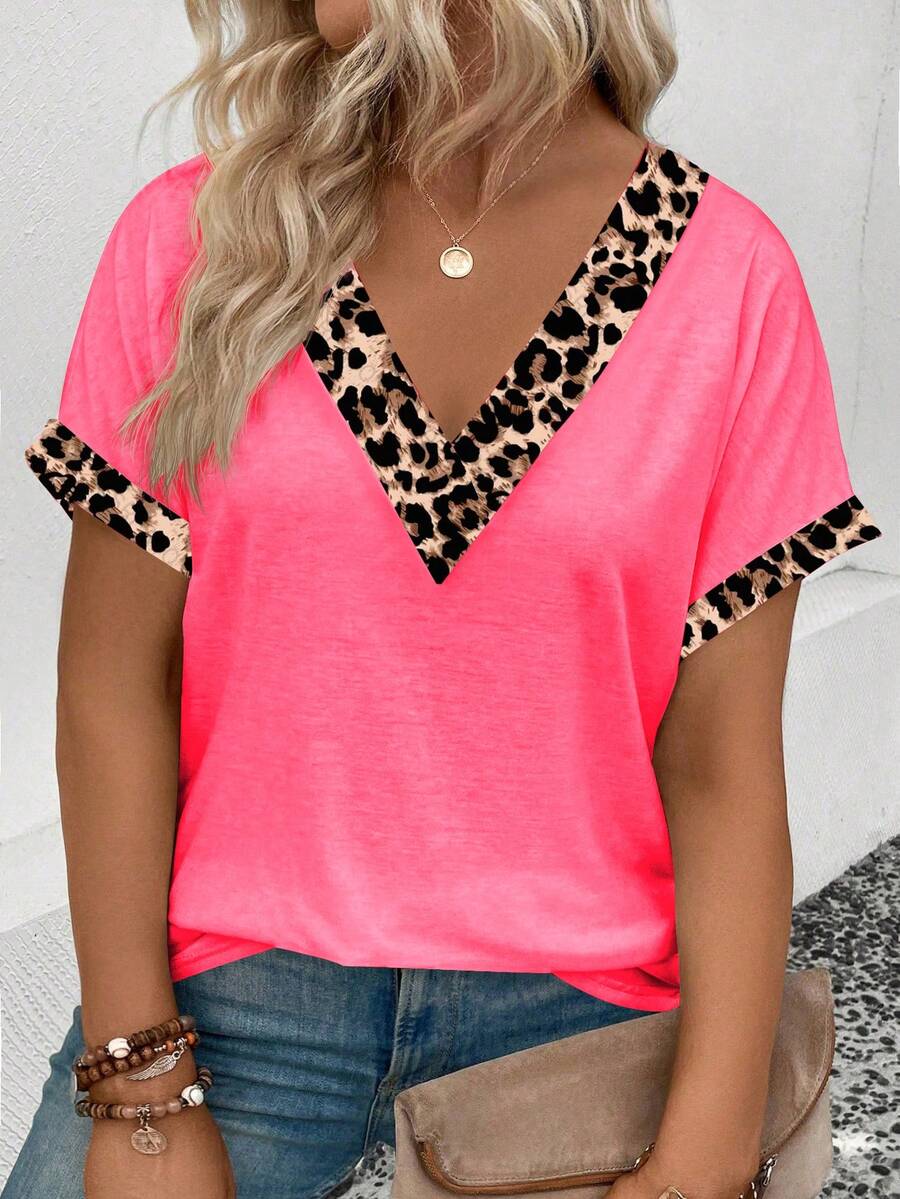 Ležerna majica kratkih rukava sa leopard printom i patchwork dizajnom, plus size