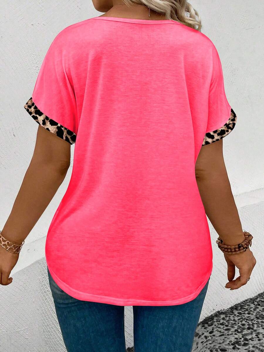 Ležerna majica kratkih rukava sa leopard printom i patchwork dizajnom, plus size