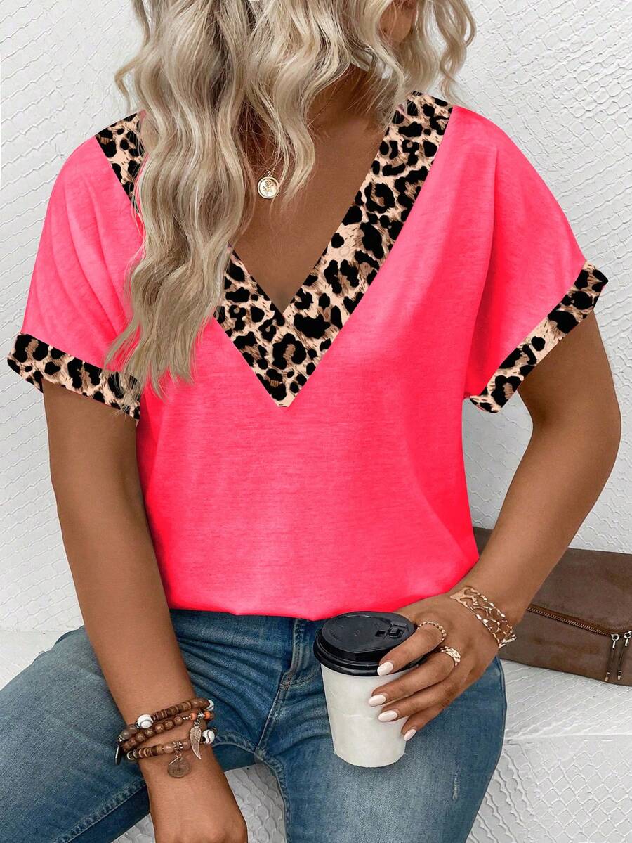 Ležerna majica kratkih rukava sa leopard printom i patchwork dizajnom, plus size
