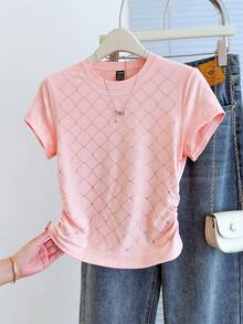 SHEIN 2026 Summer Women Pink Rhinestone Grid Print Ruched Side T Shirt Casual Crew Neck Short Sleeve Slim Fit Crop Top For Going Out