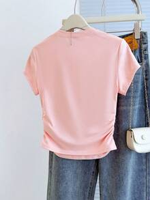SHEIN 2026 Summer Women Pink Rhinestone Grid Print Ruched Side T Shirt Casual Crew Neck Short Sleeve Slim Fit Crop Top For Going Out