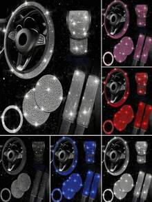 19pcs Shiny Car Accessories Set, Designed For Women, Including Steering Wheel Cover, Seatbelt Cover, Gear Shift Knob Cover, Phone Holder, Cup Holder, Cute Car Decor Kit, Car Interior Accessories Set (Black, White, Pink, Red)