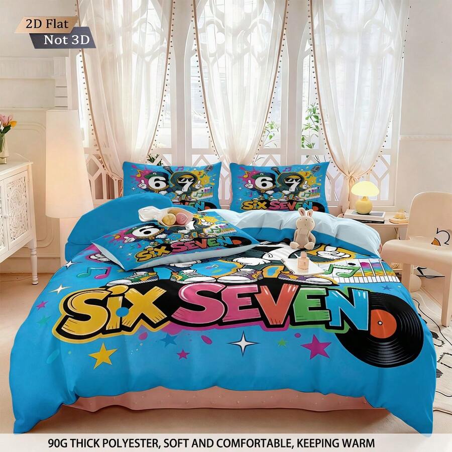 Six Seven plavi komplet posteljine od 3 dela, 6&7 print: 1 navlaka za jorgan + 2 jastučnice (punjenje nije uključeno)