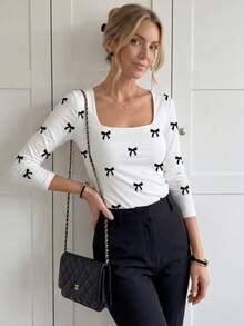 SHEIN LUNE Women's Cute Bow Tie White And Black Printed Long Sleeve T-Shirt