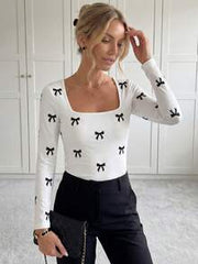 SHEIN LUNE Women's Cute Bow Tie White And Black Printed Long Sleeve T-Shirt