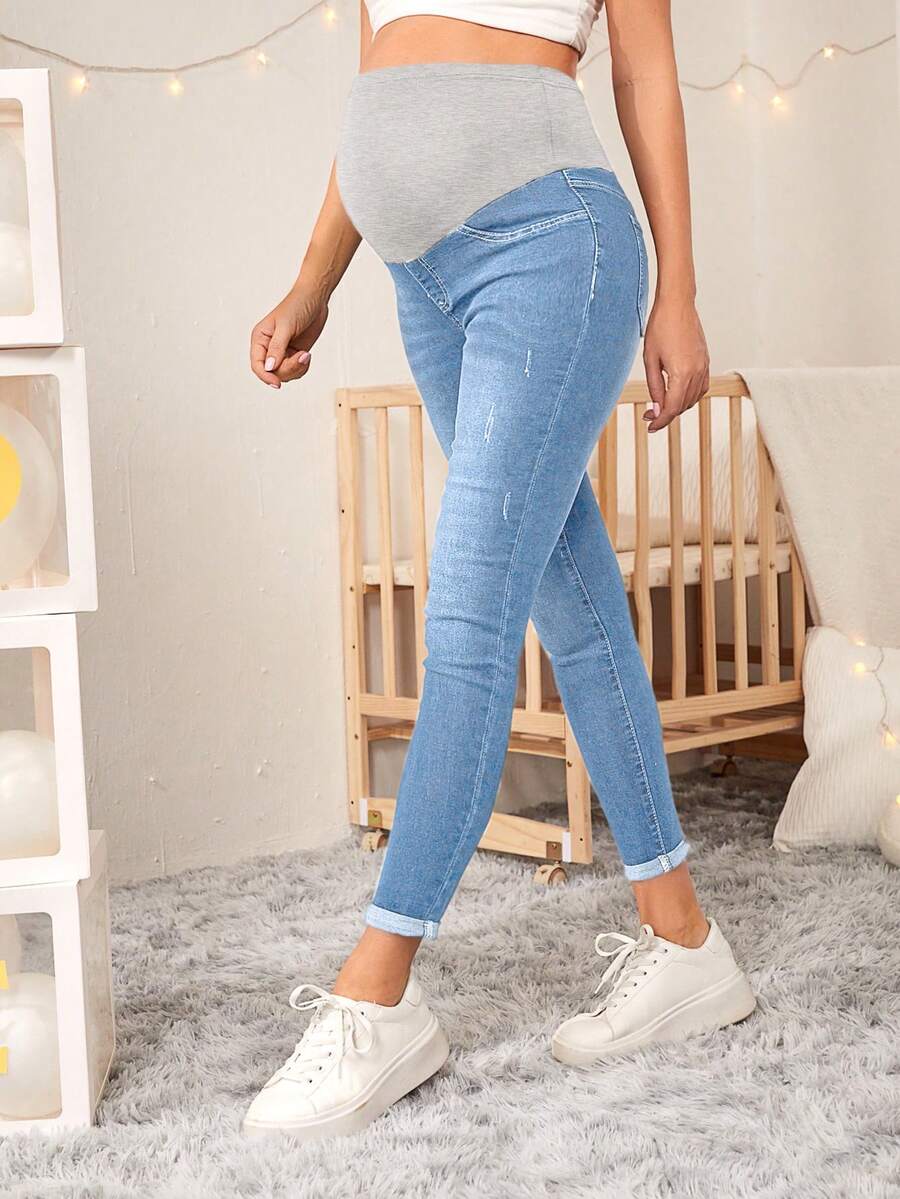 Trudničke uske farmerke sa visokim strukom i blok bojama