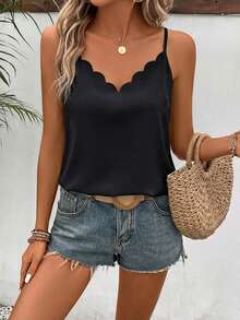 SHEIN Frenchy 3pcs Women Casual Loose Fit Tank Tops,White And Black Summmer Elegant Date Top Clothing,Fashionable Y2K Shiny V-Neck Scallop Trim Camis For Vacation