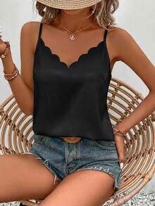 SHEIN Frenchy 3pcs Women Casual Loose Fit Tank Tops,White And Black Summmer Elegant Date Top Clothing,Fashionable Y2K Shiny V-Neck Scallop Trim Camis For Vacation