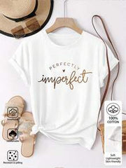 EMERY ROSE 100% Cotton Perfectly Imperfect Simple Letter Printed White Women's Crew Neck T-Shirt
