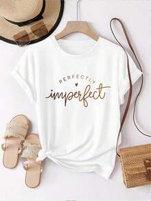 EMERY ROSE 100% Cotton Perfectly Imperfect Simple Letter Printed White Women's Crew Neck T-Shirt