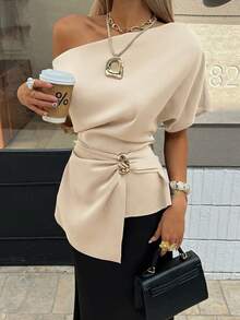 Siren Gaze Women's Beige Summer Elegant Dinner Date Asymmetrical Pleated Shirt, Metal Button Decor Asymmetric Collar Shoulder Blouse Classy Chic Summer Top