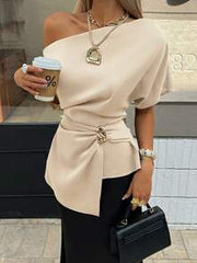 Siren Gaze Women's Beige Summer Elegant Dinner Date Asymmetrical Pleated Shirt, Metal Button Decor Asymmetric Collar Shoulder Blouse Classy Chic Summer Top