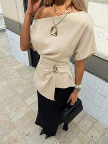 Siren Gaze Women's Beige Summer Elegant Dinner Date Asymmetrical Pleated Shirt, Metal Button Decor Asymmetric Collar Shoulder Blouse Classy Chic Summer Top