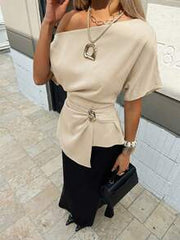 Siren Gaze Women's Beige Summer Elegant Dinner Date Asymmetrical Pleated Shirt, Metal Button Decor Asymmetric Collar Shoulder Blouse Classy Chic Summer Top