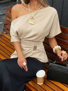 Siren Gaze Women's Beige Summer Elegant Dinner Date Asymmetrical Pleated Shirt, Metal Button Decor Asymmetric Collar Shoulder Blouse Classy Chic Summer Top